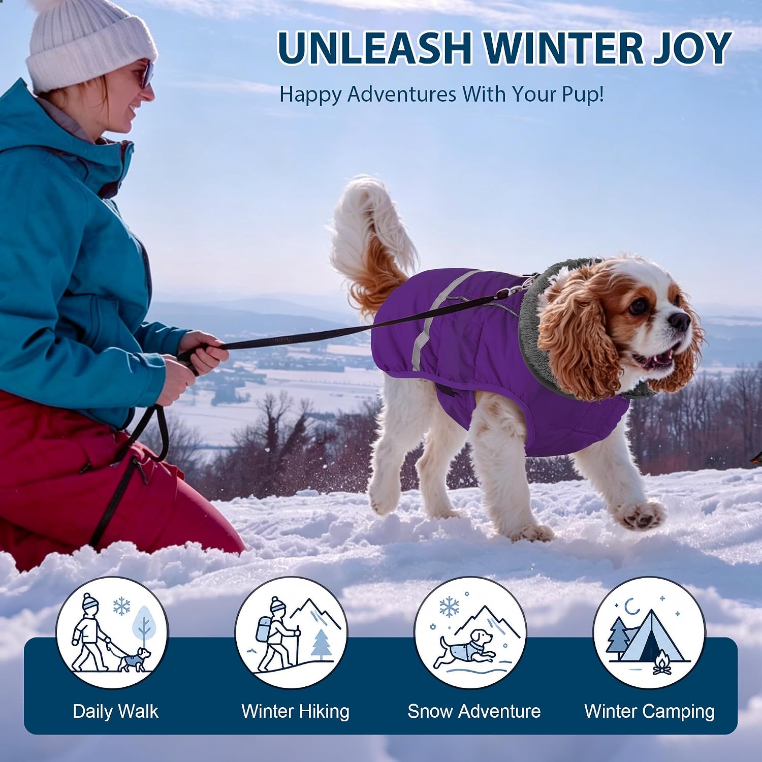 Detalle 2 de Dogcheer 2003 Dog Coat, Small Purple Fleece-Lined, Water-Resistant & Reflective