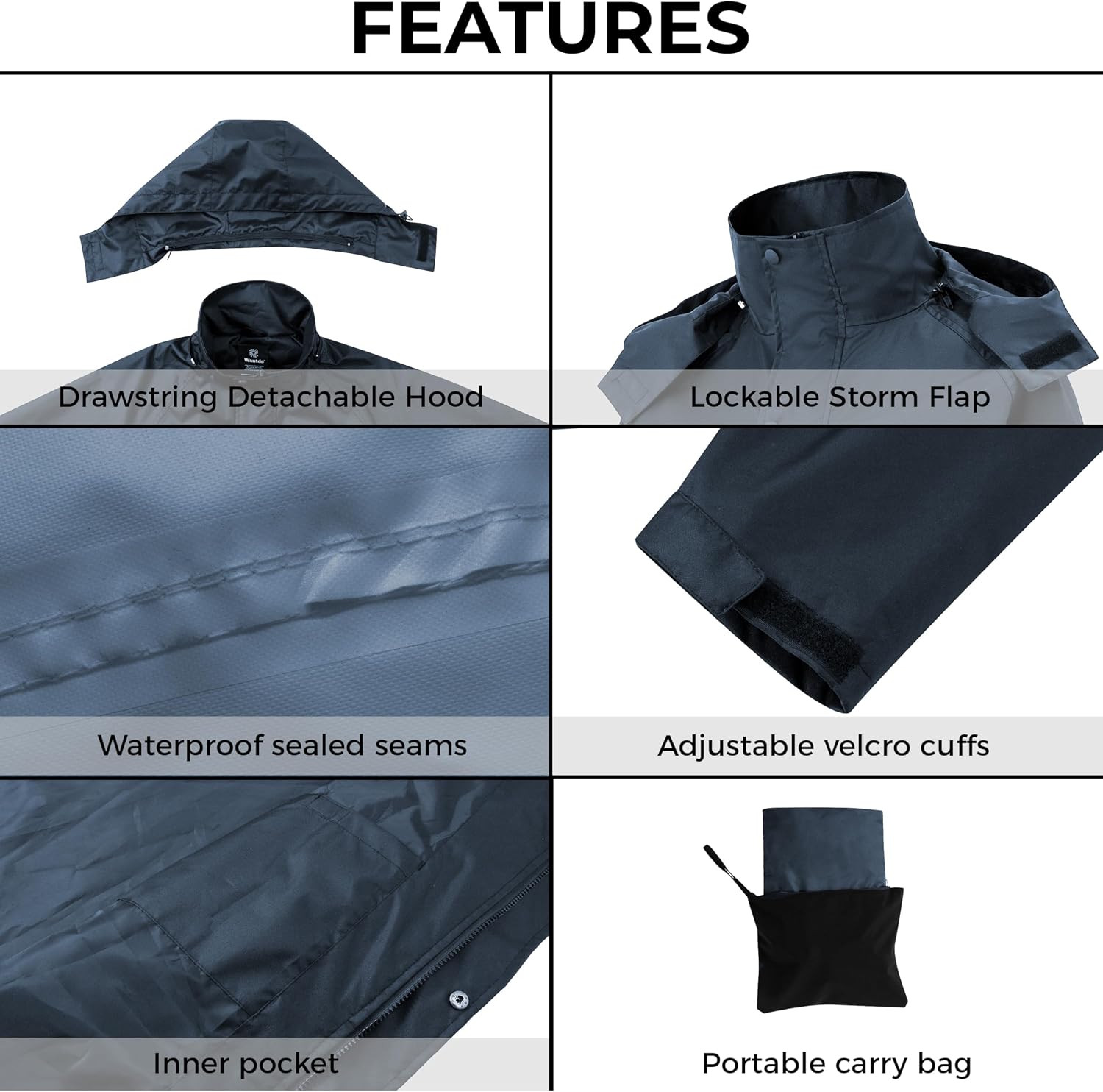 Detalle 2 de Wantdo Men's Long Raincoat with Detachable Hood
