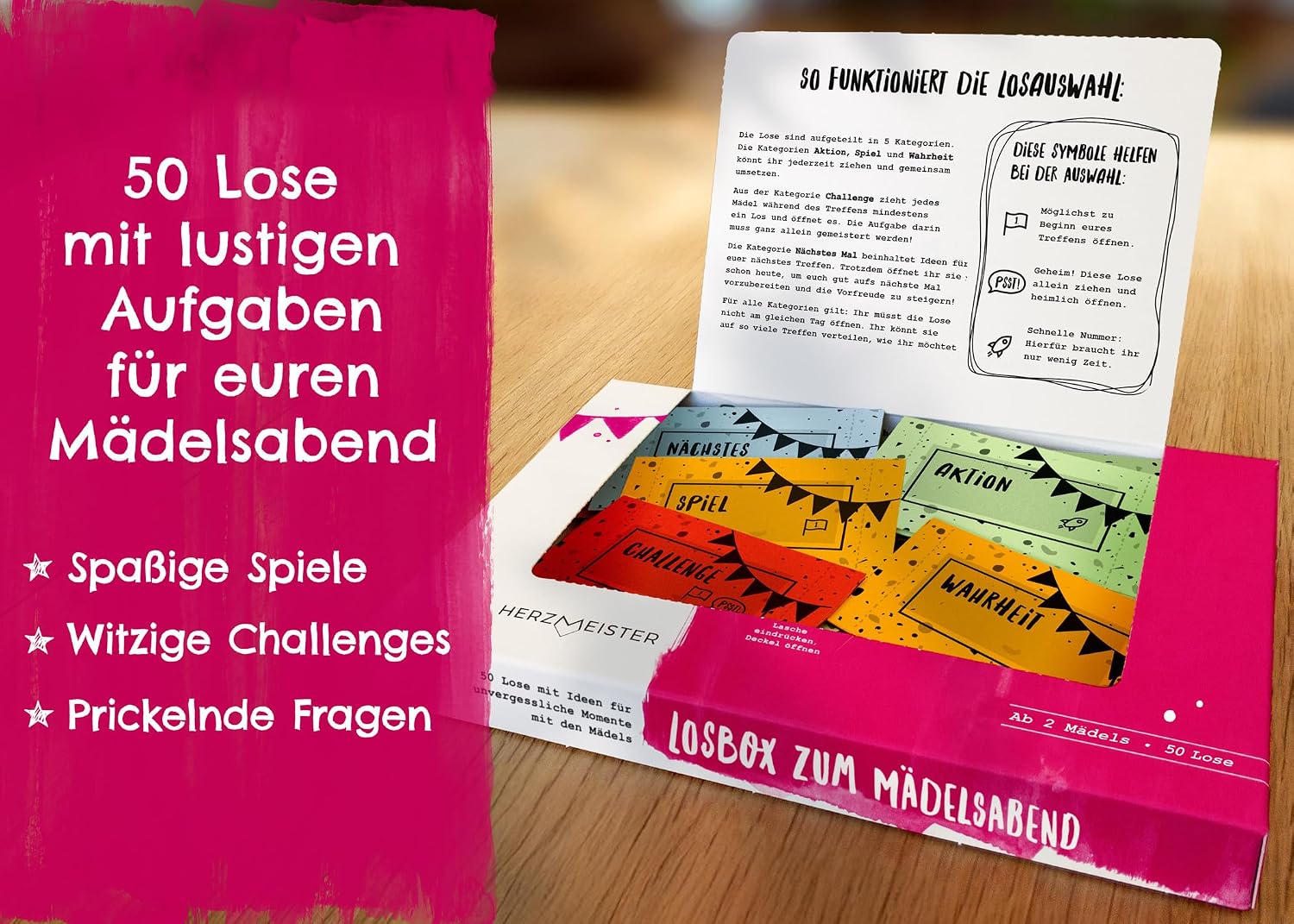 Detalle 2 de Herzmeister Losbox „Geschenk für Beste Freundinnen“ mit 50 Fragen & lustigen Aufgaben für Mädelsabend