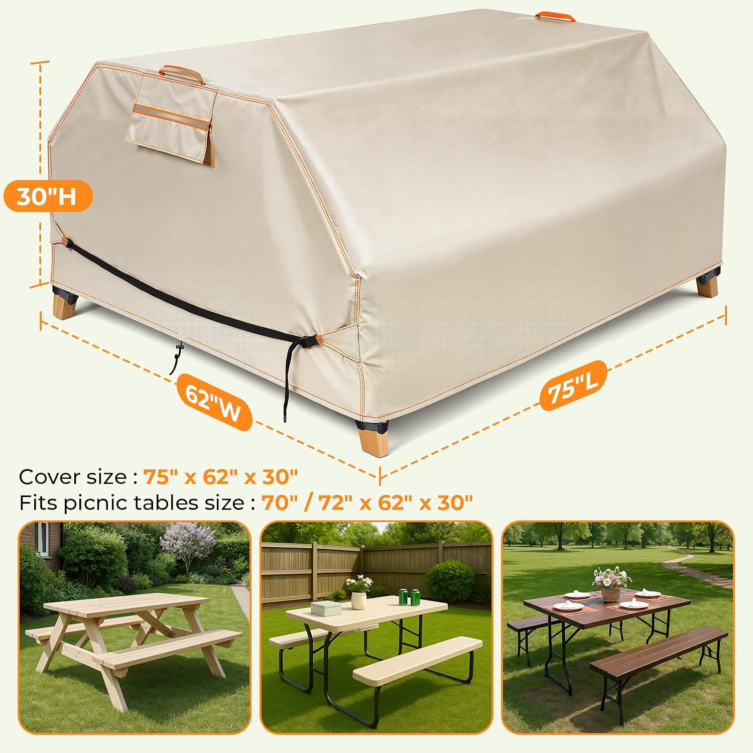 Detalle de GARPROVM picknicktafelhoes 193 x 157 x 76 cm van 420D Oxford, waterdicht