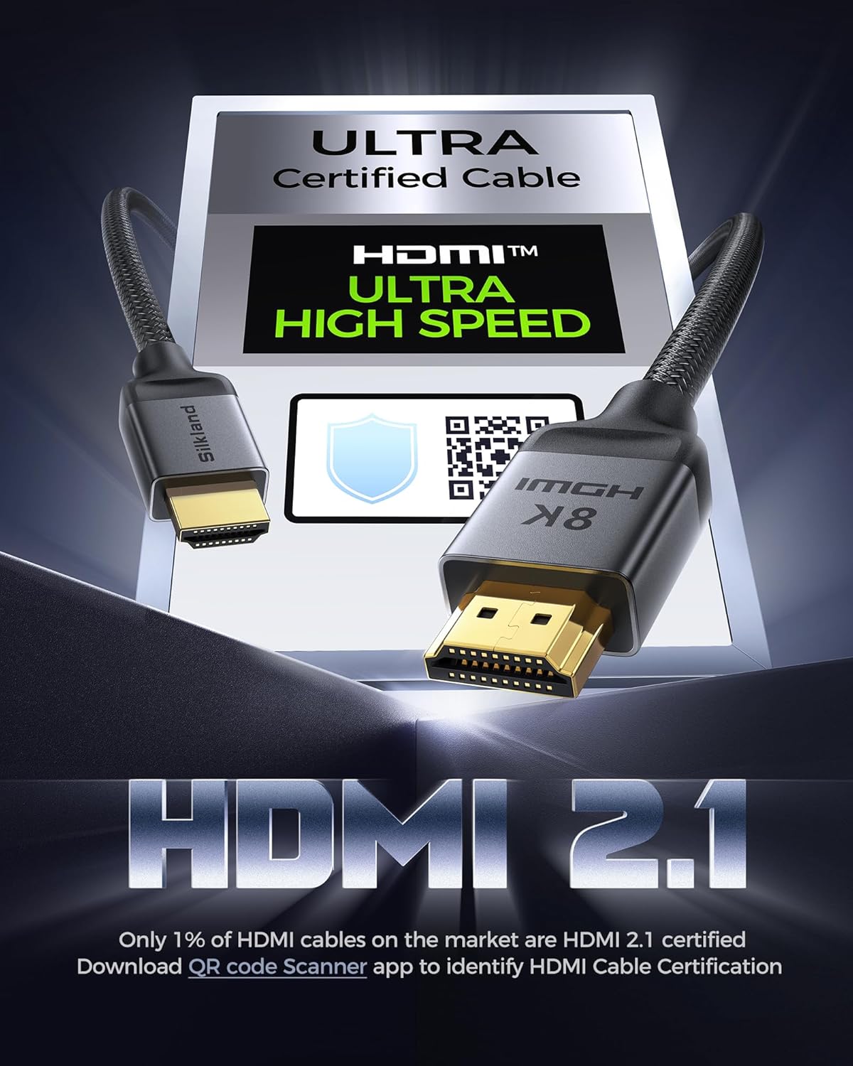 Detalle de Silkland 10K 8K HDMI 2.1 Kabel 1,5 m – zertifiziert, 48 Gbit/s, 4K@120 Hz, eARC HDR10+