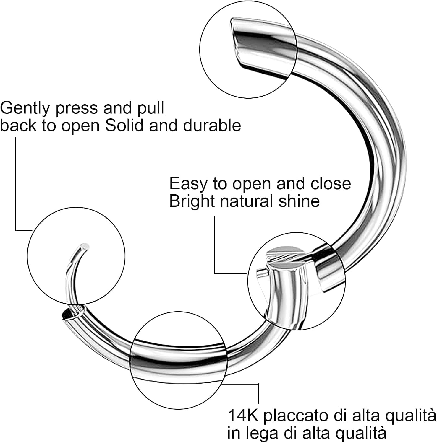 Detalle de 8 Paia di Orecchini in Acciaio Inossidabile 316L: Cerchi Chirurgici Ipoallergenici 6–20 mm