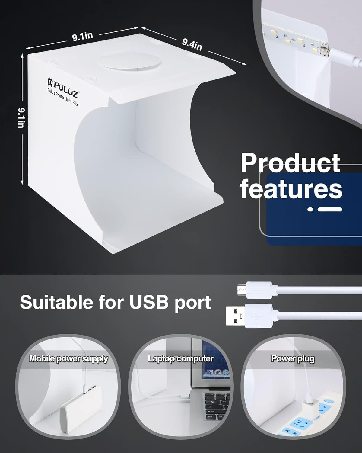Detalle de PULUZ Mini Fotobox (20 cm) mit 20 LED-Leuchten, Softbox-Zelt-Set und 6 Hintergründen