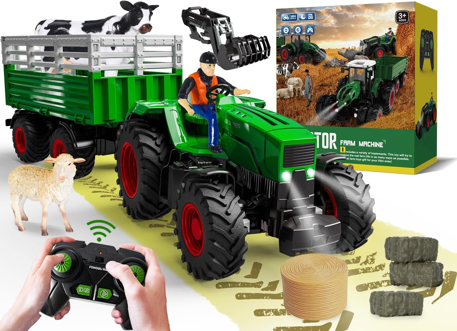 PENGBU RC trattore telecomandato con rimorchio 2,4 GHz e caricamento frontale, set agricolo con mucca e pecora
