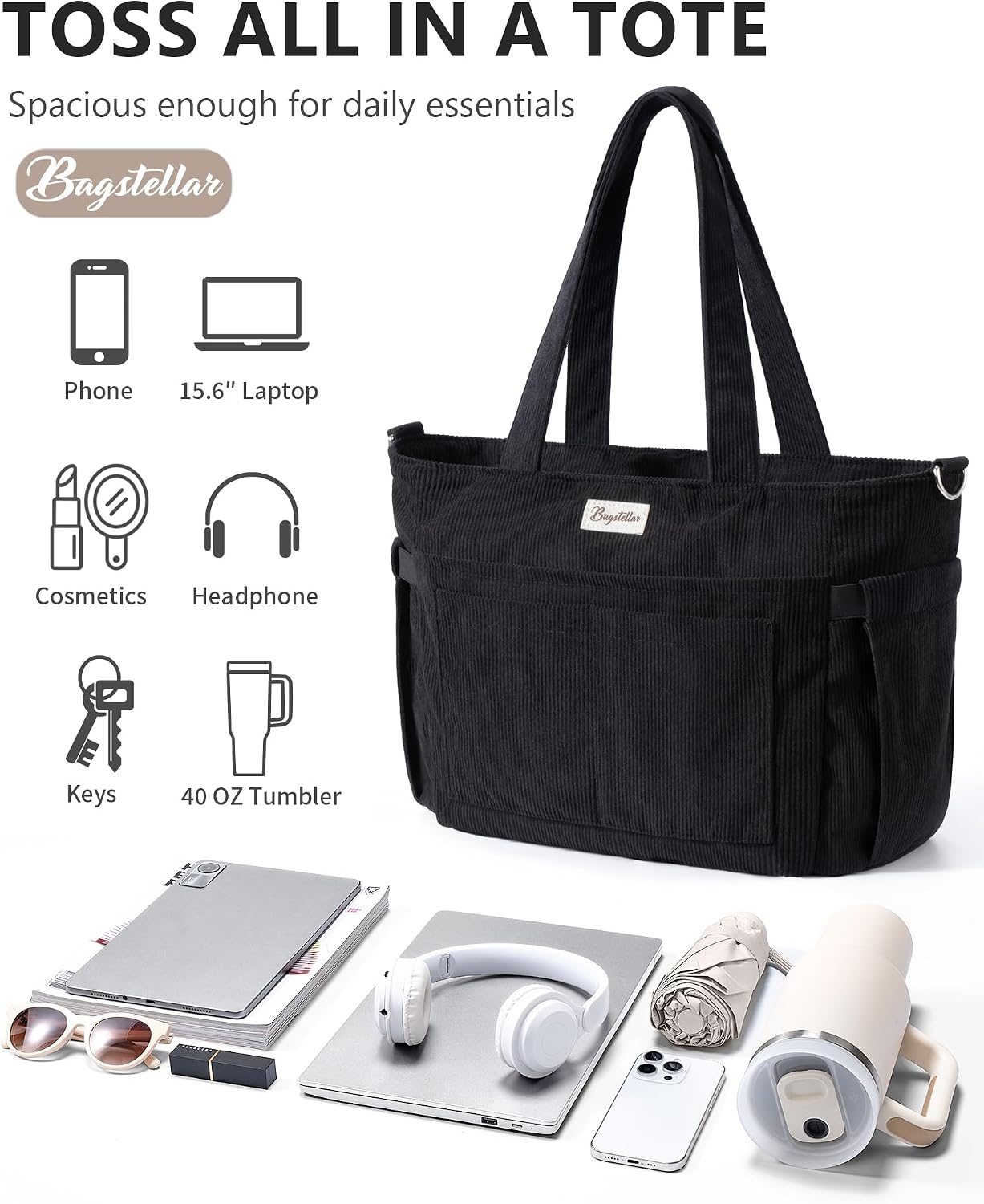 Thumbnail 4 de Bagstellar Corduroy Tote Bag for Women, 17 Pockets, Padded 15.6-Inch Laptop Compartment