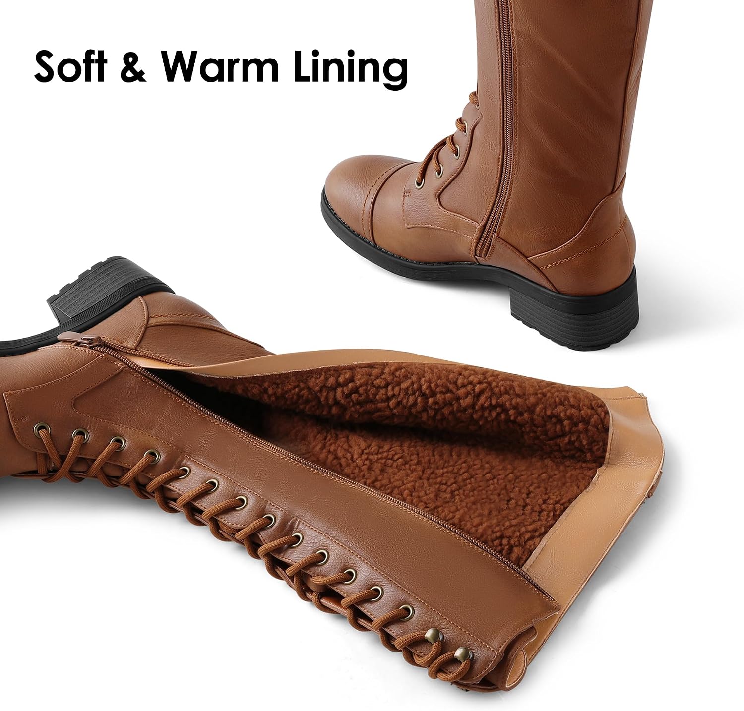 Detalle 2 de DREAM PAIRS Women's Knee-High Riding Combat Boots with Faux-Fur Lining and Lace-Up Front