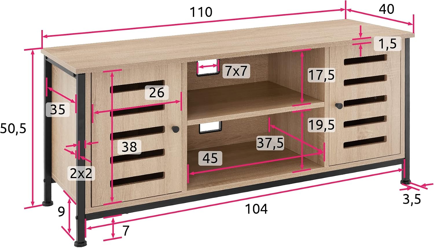 Detalle de tectake Carlow TV-bänk 110 × 41,5 × 50,5 cm i Sonoma-ek med svart stålram
