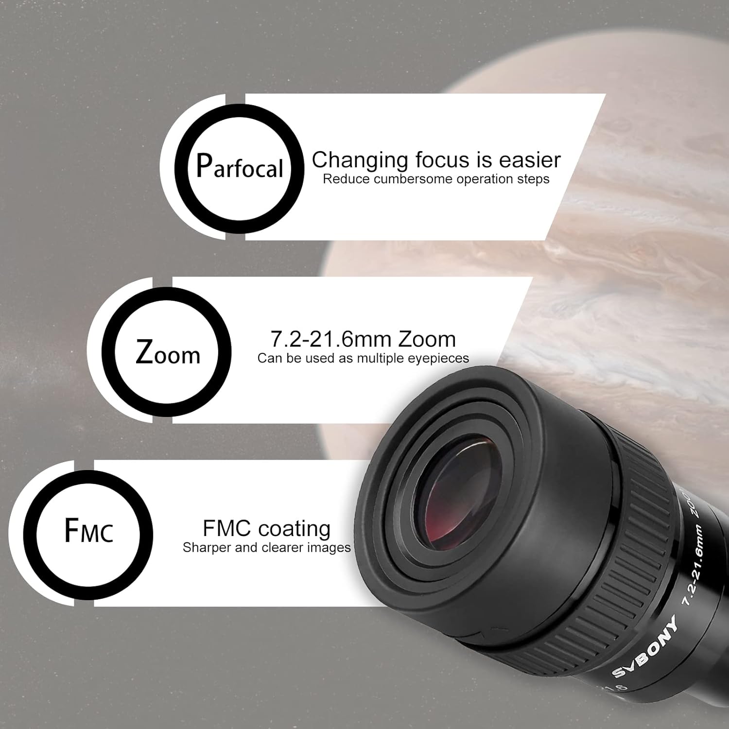 Thumbnail 1 de Svbony SV191 : oculaire zoom 1,25" à grand angle (7,2 à 21,6 mm) pour télescopes astronomiques