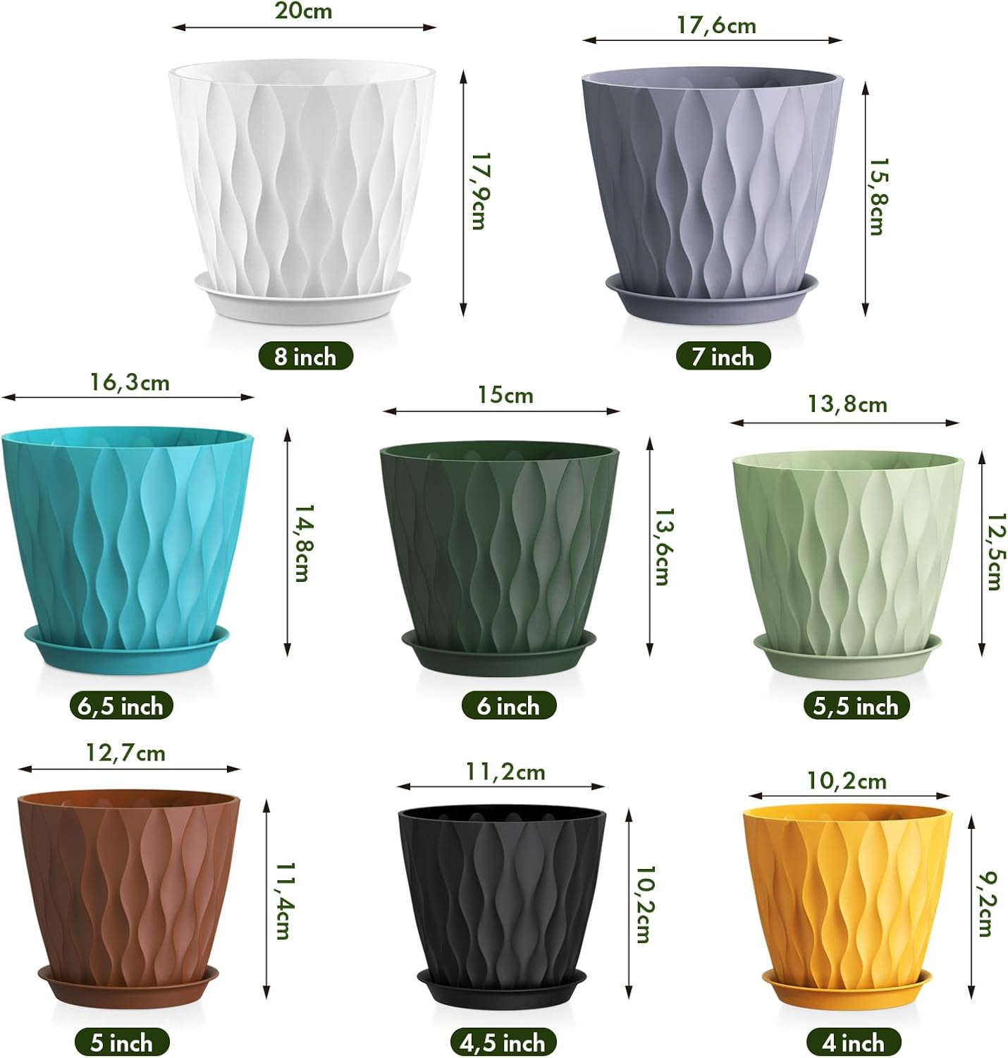Thumbnail 1 de WSMKSZ 8 Pack Plant Pots Indoor with Drainage Holes & Saucers, 20/17.6/16.3/15/13.8/12.7/11.2/10.2 cm