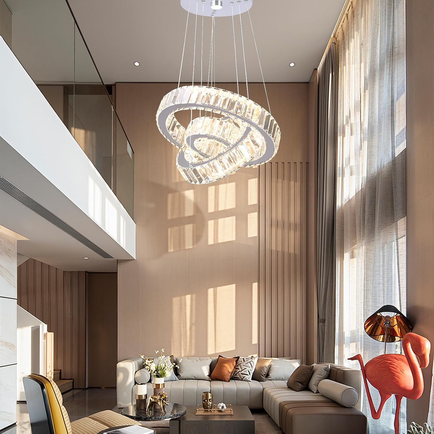 Detalle de YPQXYHDA Adjustable 3 Ring Crystal Pendant Light – Dimmable LED Chandelier with Remote