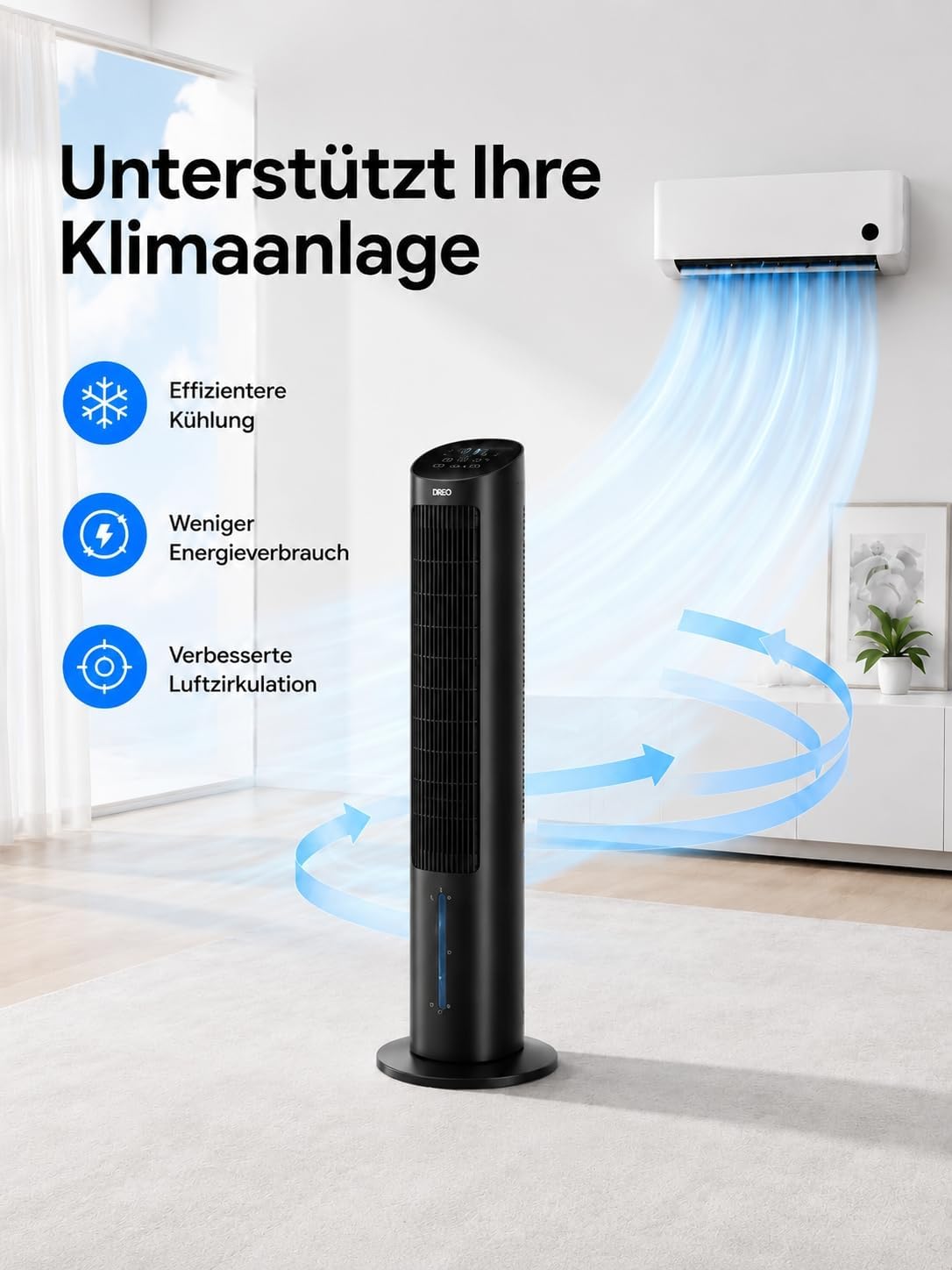 Detalle de DREO Turmventilator mit Kühlung – leise Verdunstungskühlung, 102 cm, Fernbedienung, 3 Modi, 4 Geschwindigkeiten, Schwarz
