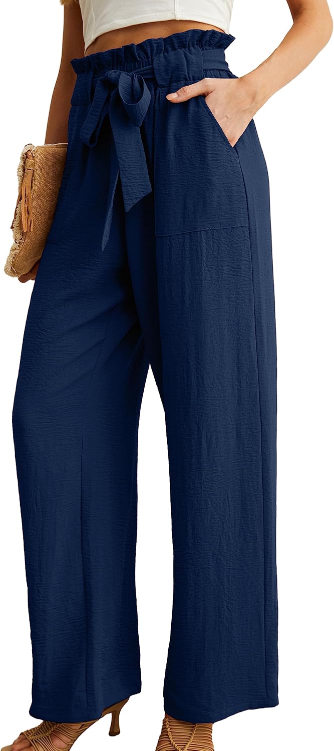 Thumbnail 1 de IWOLLENCE Women’s Wide Leg Pants with Pockets, High Waist Adjustable Knot Casual Trousers