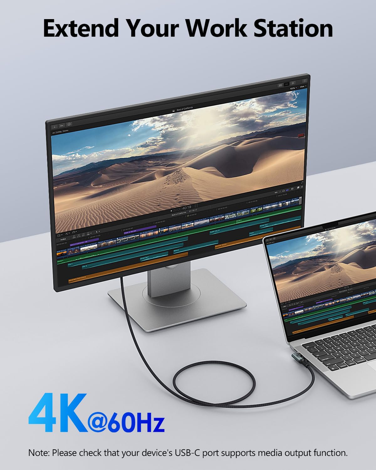Detalle de Câble USB‑C vers USB‑C SUNGUY 3 m (100 W, 20 Gbps, 4K@60 Hz, angle 90°)