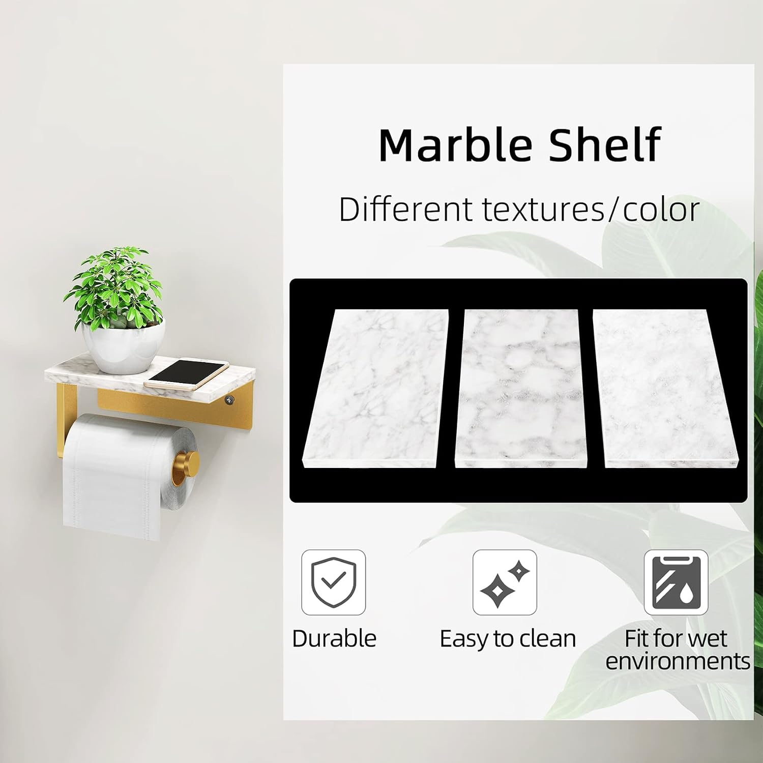 Detalle de Gypie wall-mounted toilet roll holder with marble shelf (304 stainless steel) in matt gold