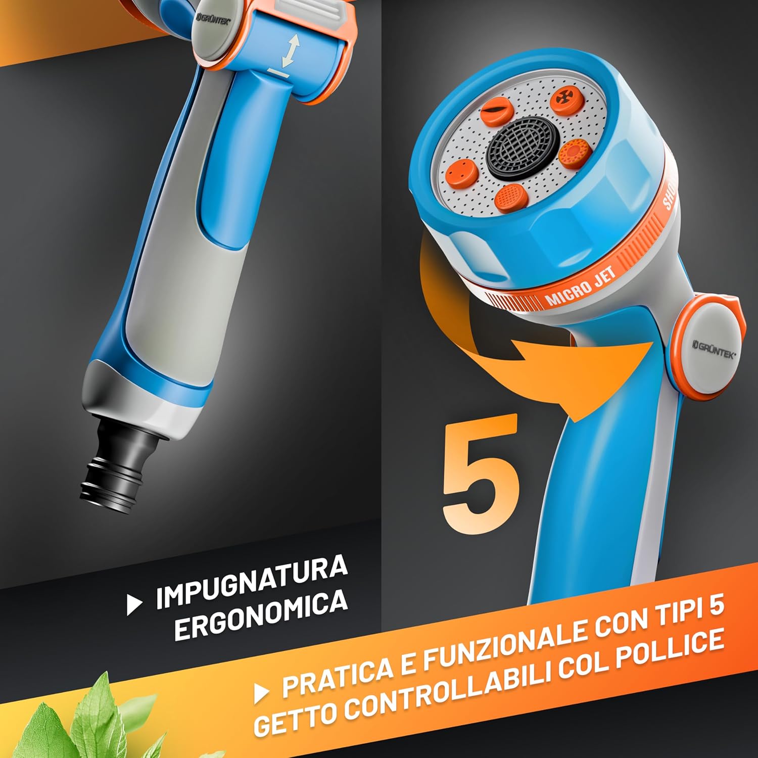 Thumbnail 1 de GRÜNTEK Pistola Irrigazione Acqua Giardino con 5 Spruzzi – Leggera, Ergonomica e Universale