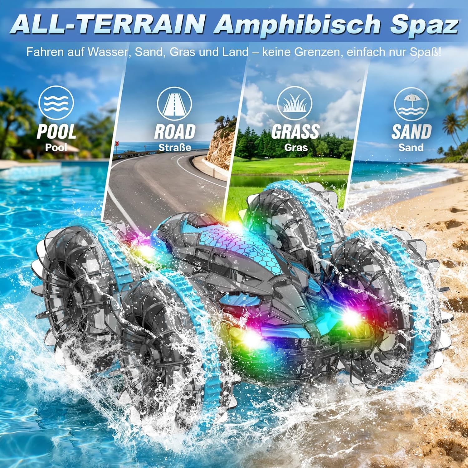 Detalle 2 de MidiVix Amphibienfahrzeug – Ferngesteuertes 4WD Auto mit LED-Licht und 90 Min Spielzeit