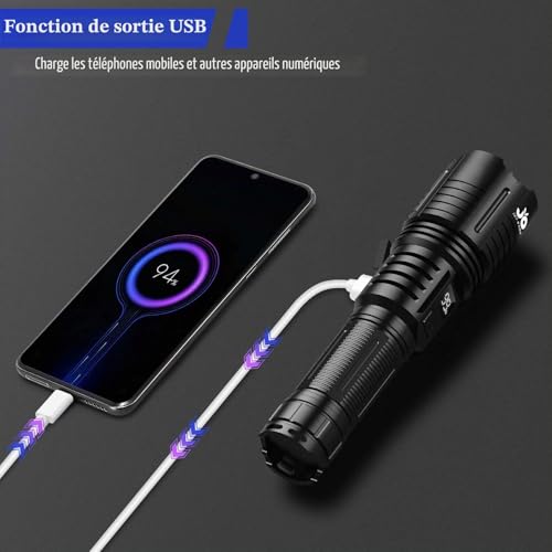 Detalle de Lampe Torche LED Ultra Puissante Jay-PARK F88: 1 000 000 lm, IP67, 5000 mAh