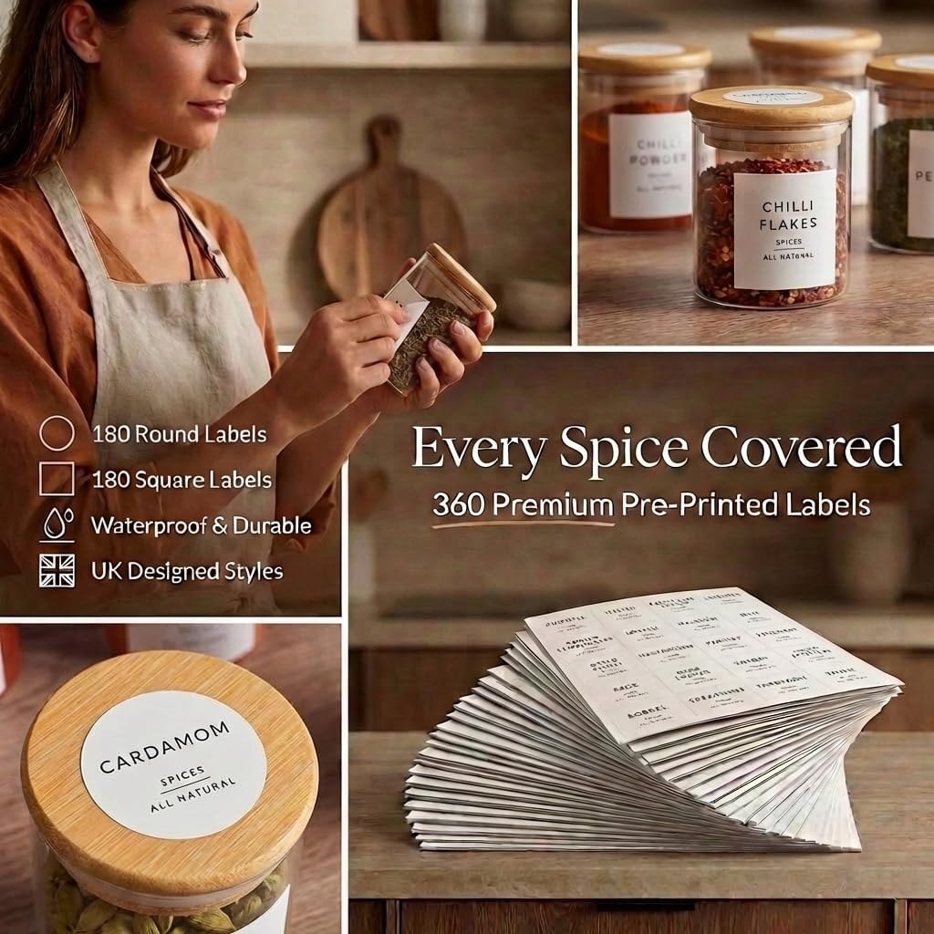 Detalle de Livabl Glass Spice Jars with Lids and Labels – 12x 200ml Airtight Jars with Bamboo Lids and 360 Pre-Printed UK Labels