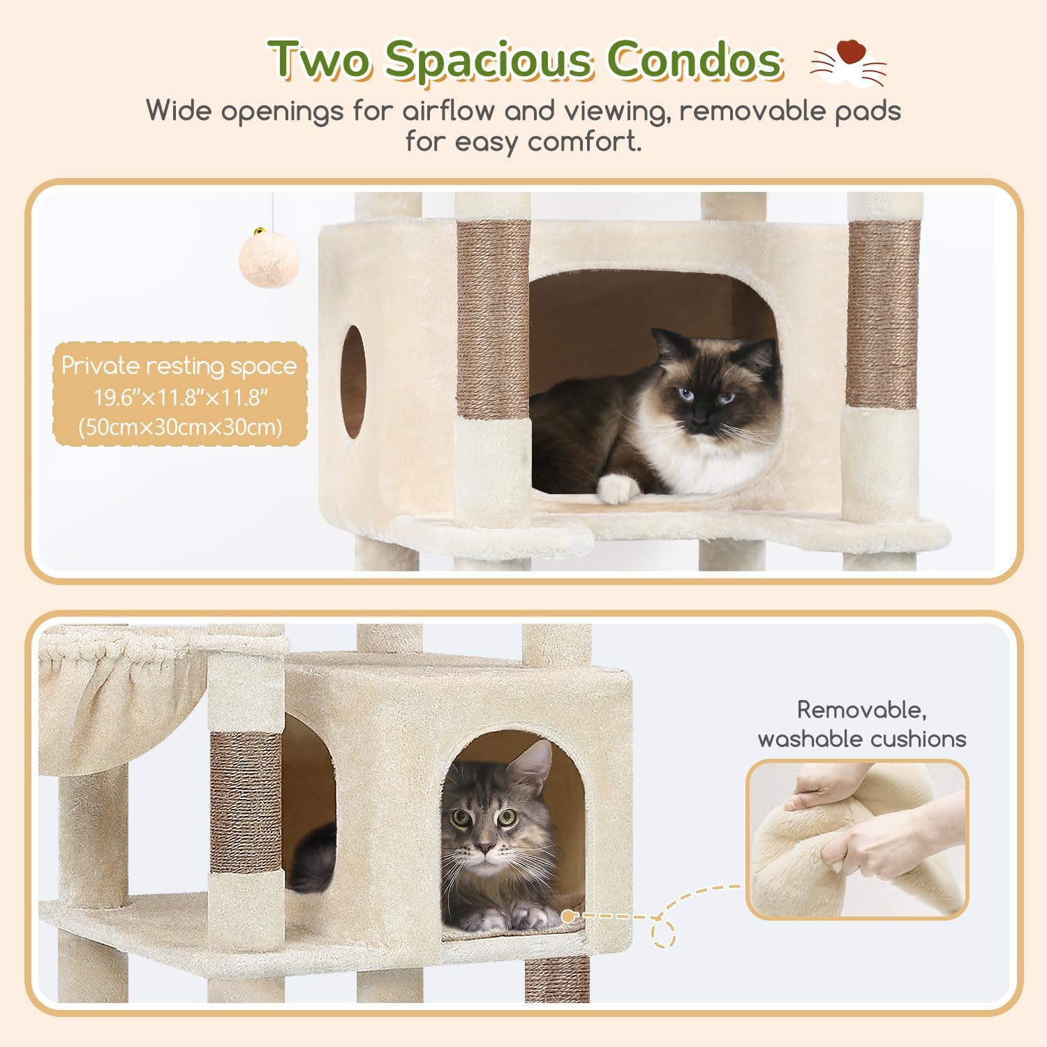 Detalle 2 de Globlazer Large Cat Tree for Indoor Cats (188 cm) – XXL Tower with Two Caves and Cushioned Platform