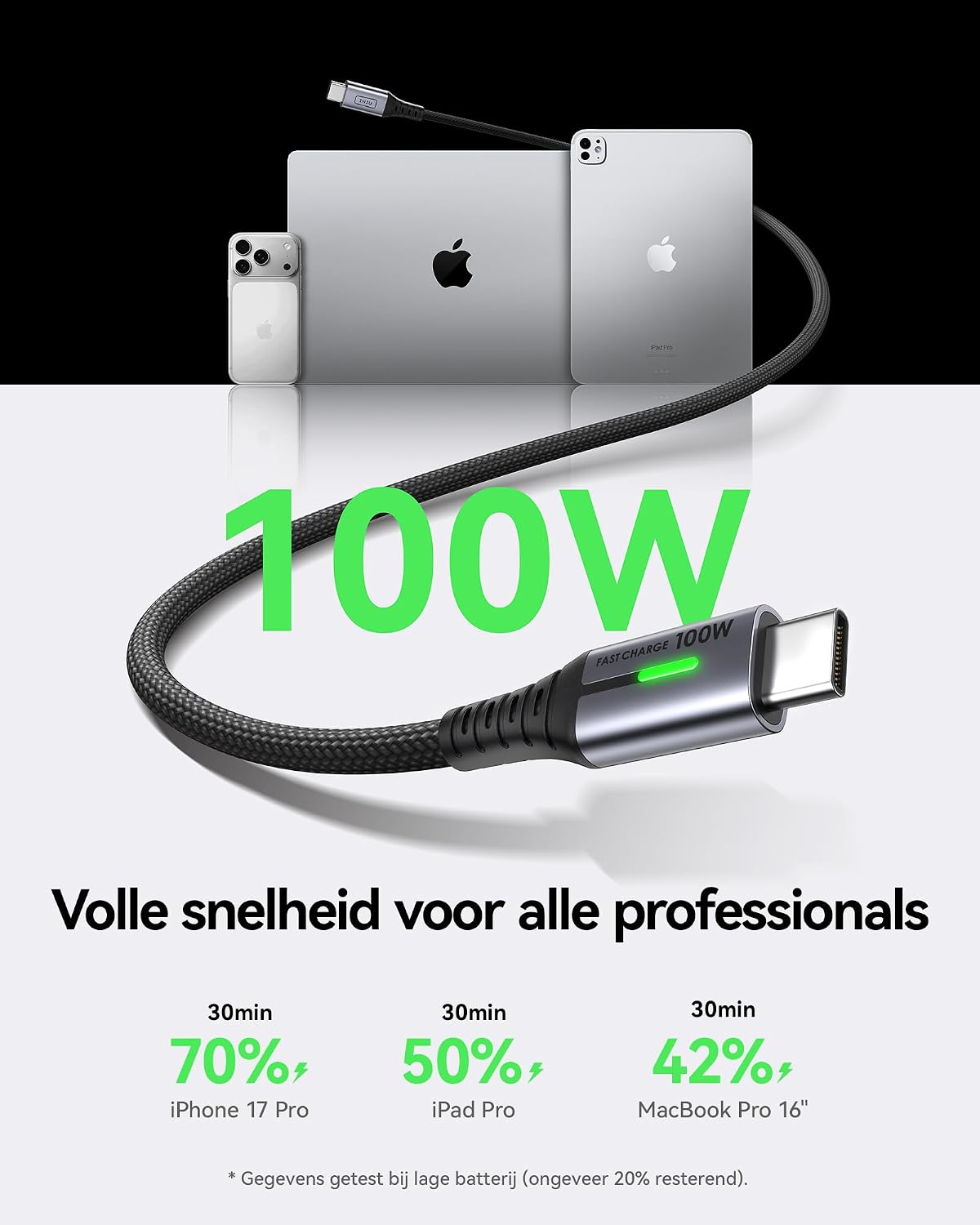 Detalle de INIU USB-C-kabel van 2 m, 100 W PD, gevlochten nylon