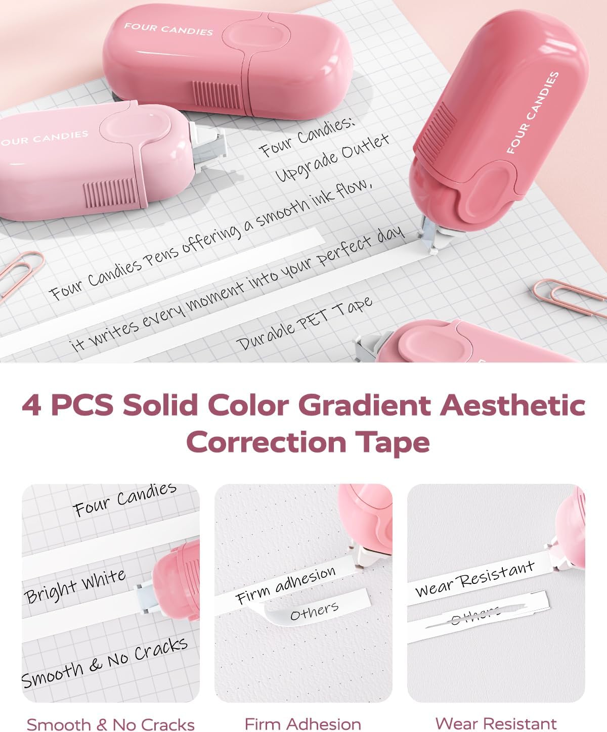 Thumbnail 3 de Four Candies Ästhetisches Schulmaterial – All-in-One Set mit Gelstiften, Korrekturbändern, Textmarkern, Druckbleistiften & Haftnotizen (inkl. Etui) in Rosa