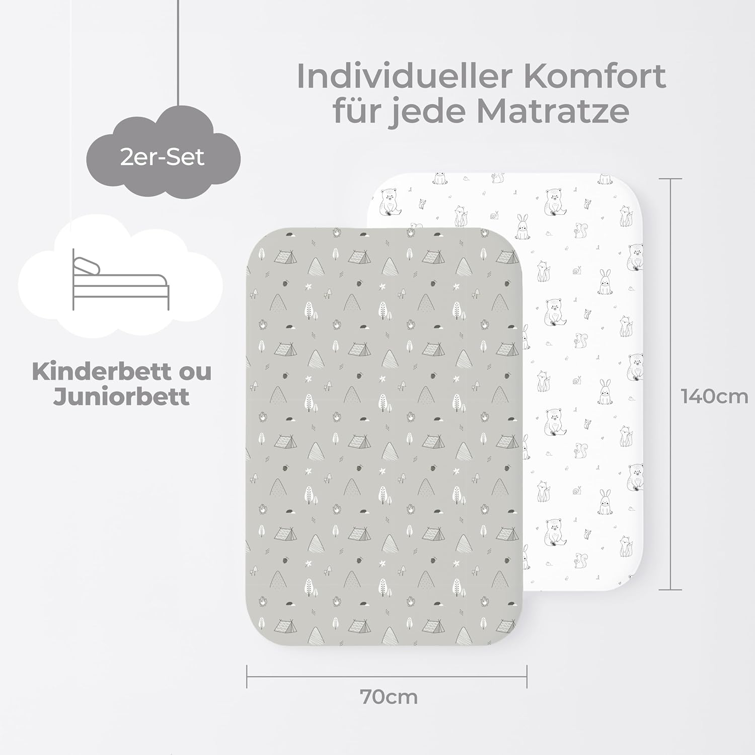 Thumbnail 1 de Dreamzie 2er Set Spannbettlaken Babybett 70x140 cm – Baumwolle Oeko-Tex, Woodland Weiß/Grau