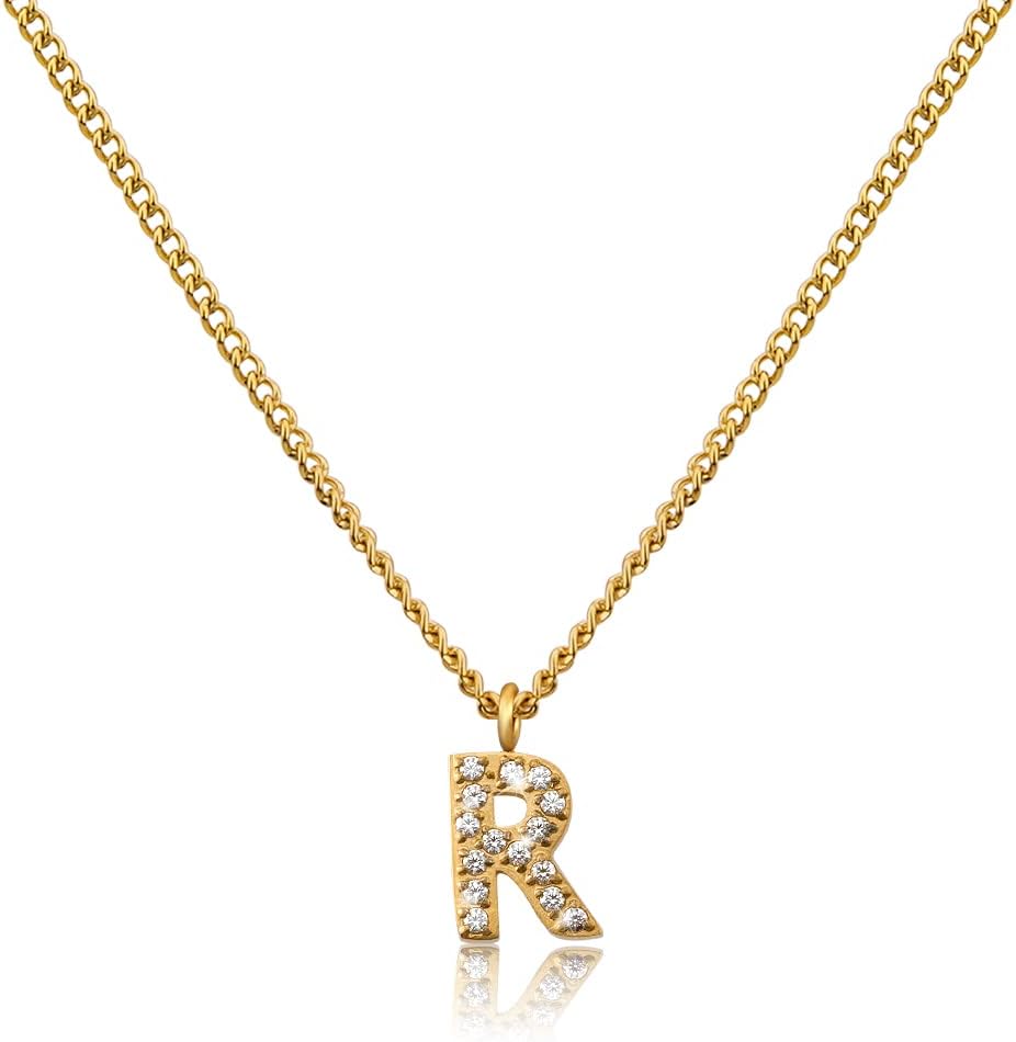 Detalle de GD GOOD.designs collana a catena con lettera iniziale placcata oro 18 carati con zirconi, acciaio inossidabile