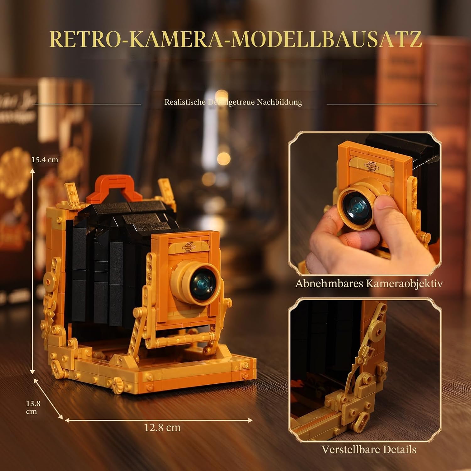 Detalle de JMBricklayer 3 in 1 Retro-Bausteinset für Erwachsene – Vintage Plattenspieler, Kurbeltelefon und Kamera im 19. Jahrhundert