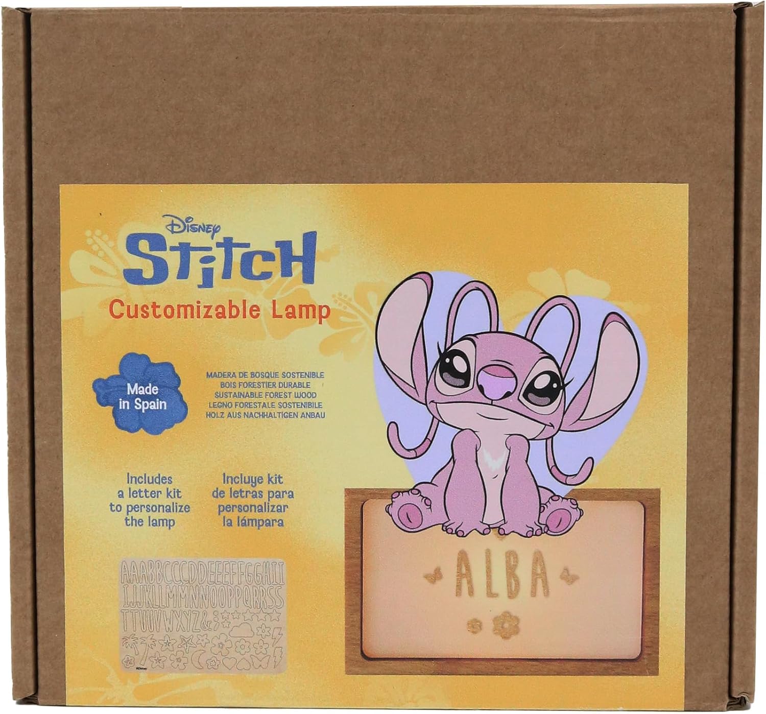 Detalle de WONDEE Offizielle Disney Lilo Stitch personalisierte Lampe – Nachtlicht aus Holz mit Buchstaben-Set