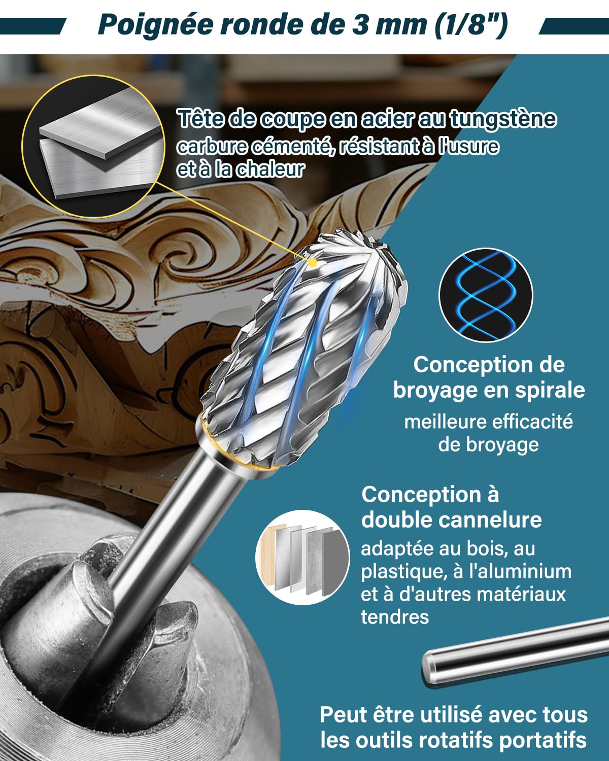 Detalle de Set de 12 fraises rotatives en carbure de tungstène Lytool (double coupe) tige 1/8" pour Dremel, gravure, polissage et sculpture