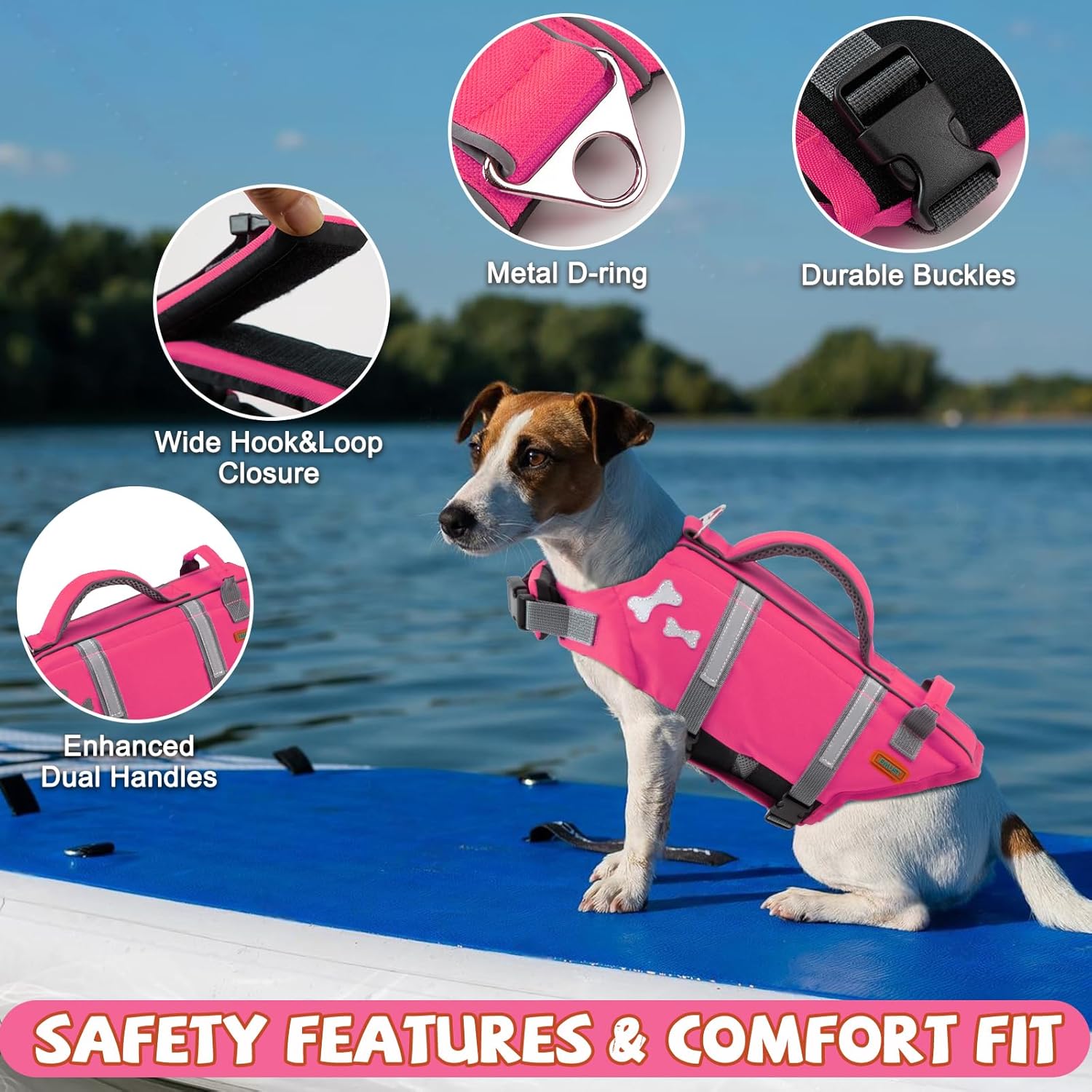 Thumbnail 1 de EMUST Dog Life Jacket (BrightPink) – high buoyancy dog flotation vest with reflective strips, handles and quick-release buckles, size L