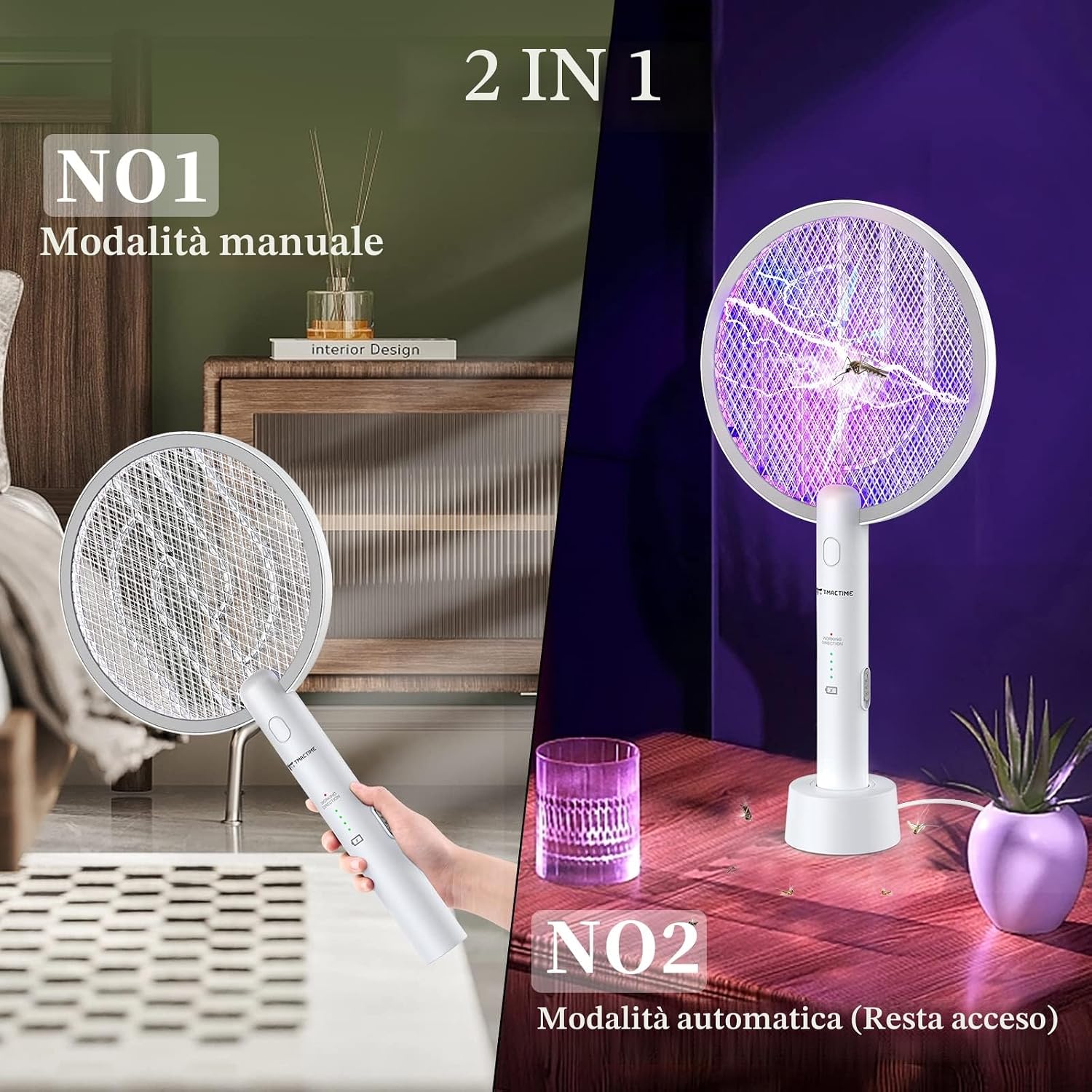 Detalle de TMACTIME Racchetta Zanzare Elettrica 4000V 2-in-1 con USB ricaricabile e lampada UV