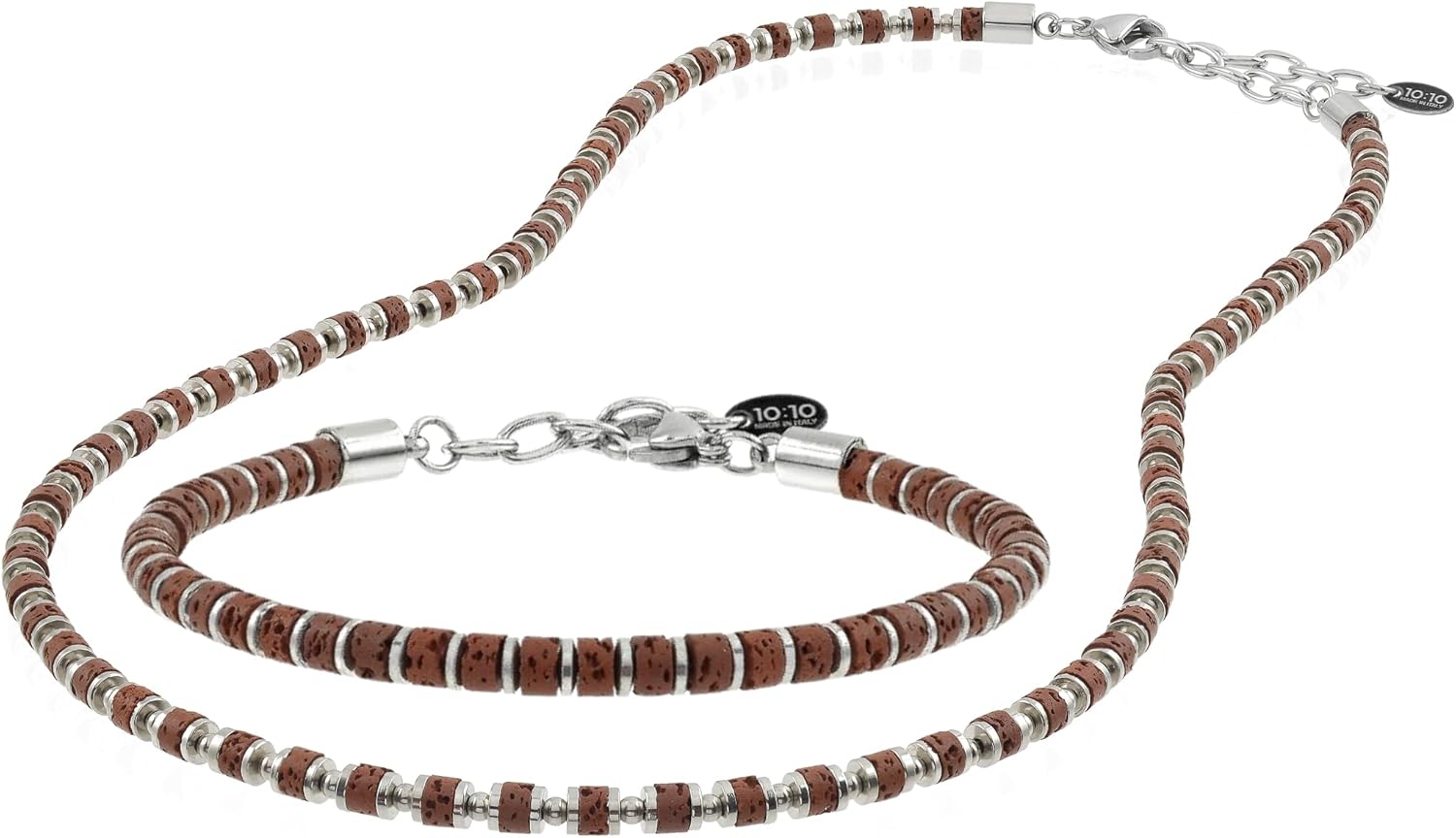 10:10 Bracciale e Collana Uomo Donna Lava Naturale ed Ematite 4mm – Regolabile, Acciaio Inox, Confezione Regalo