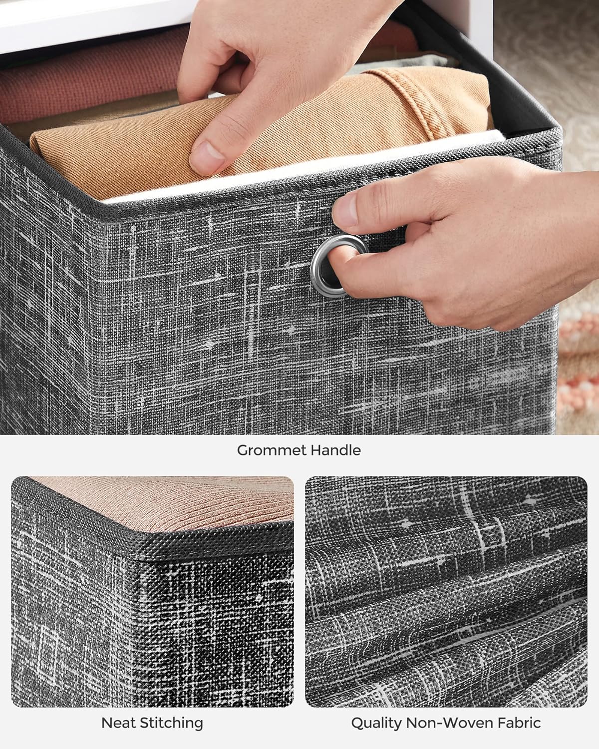 Detalle de SONGMICS Storage Boxes Set of 6: Non-Woven Fabric Cube Boxes with Handles, 26 x 26 x 28 cm (Heathered Black) RFB026B01