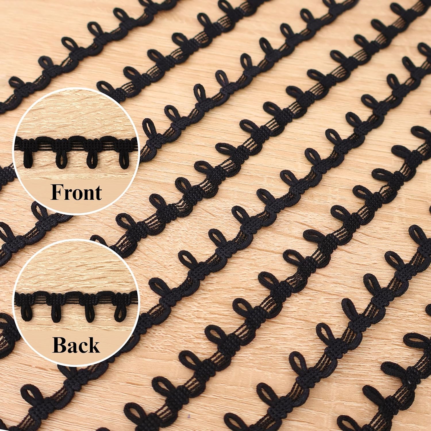 Detalle 2 de IDONGCAI Petite Braid Trim with Elastic Button Loop, Black, 6 Yards