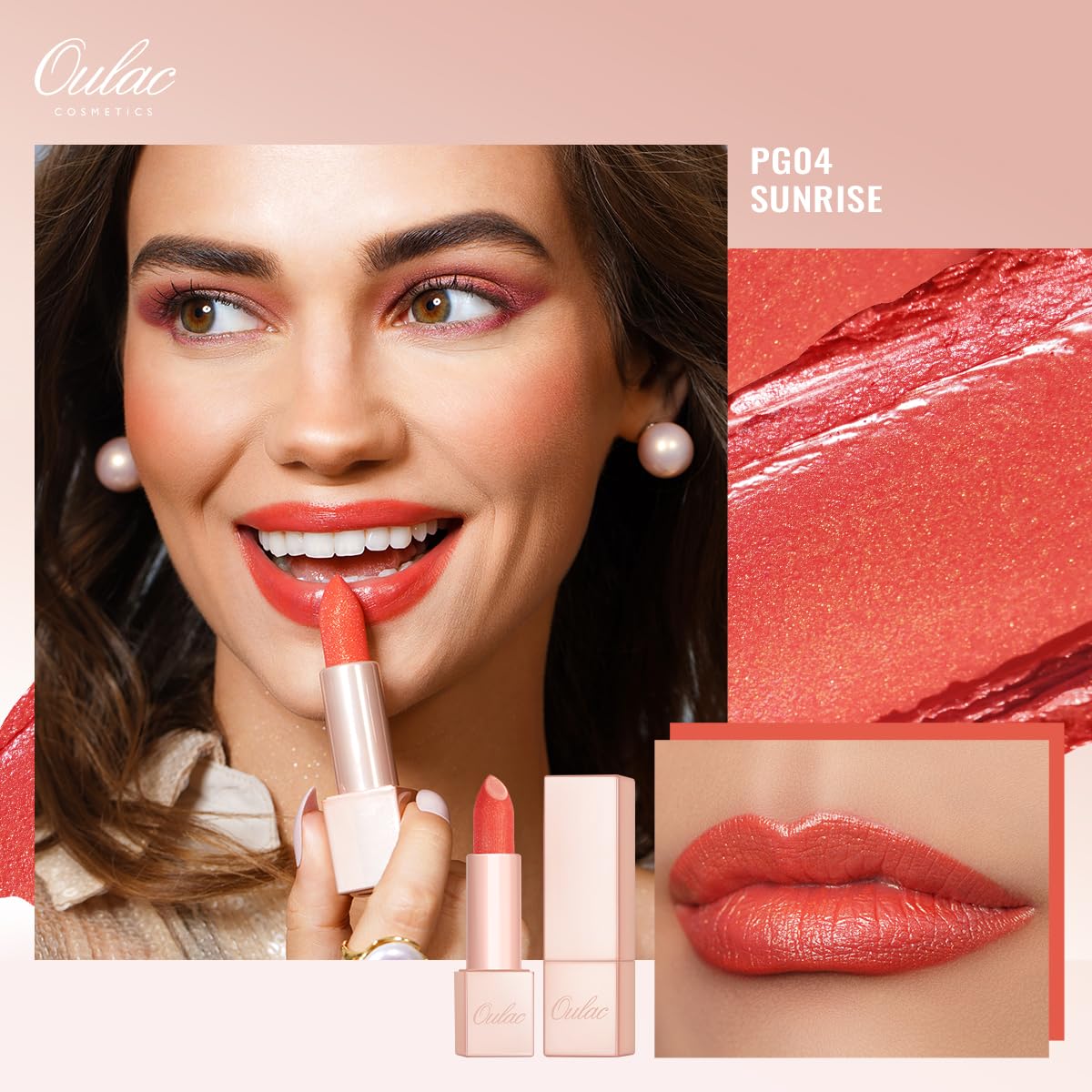 Detalle 2 de OULAC Koralle Feuchtigkeits Glanz Lippenstift 04 Sunrise – feuchtigkeitsspendender Glitter-Lippenstift mit Diamant-Reflexion