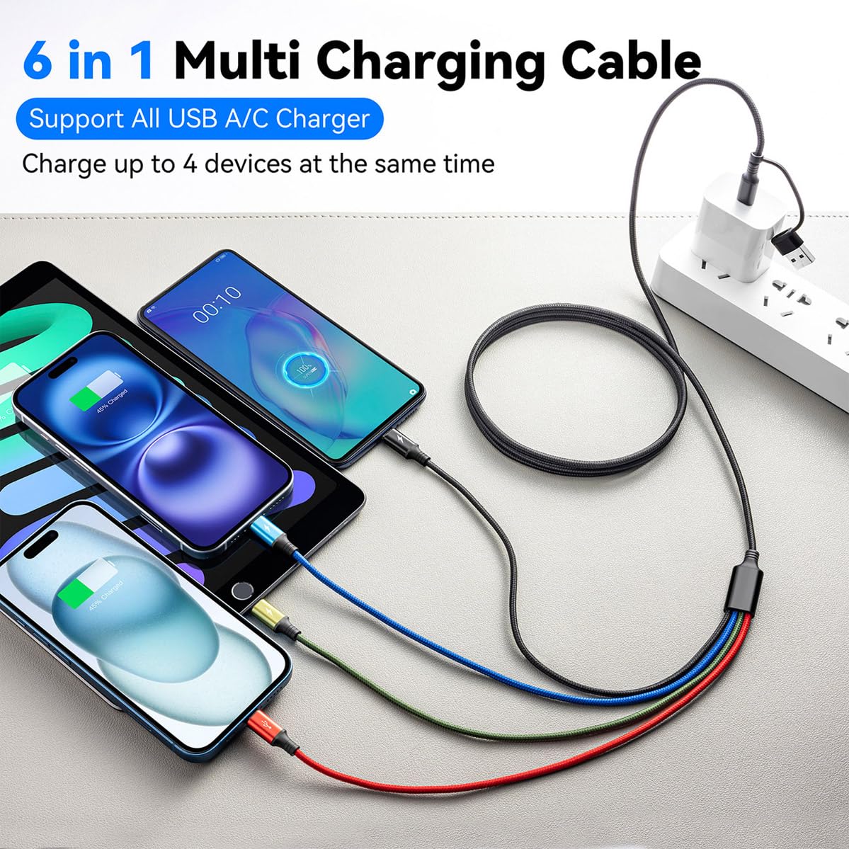 Thumbnail 1 de MINLU 6 in 1 Multiple Charging Cable (2-Pack, 6Ft) — USB A/C to Lightning, USB-C, and Micro USB