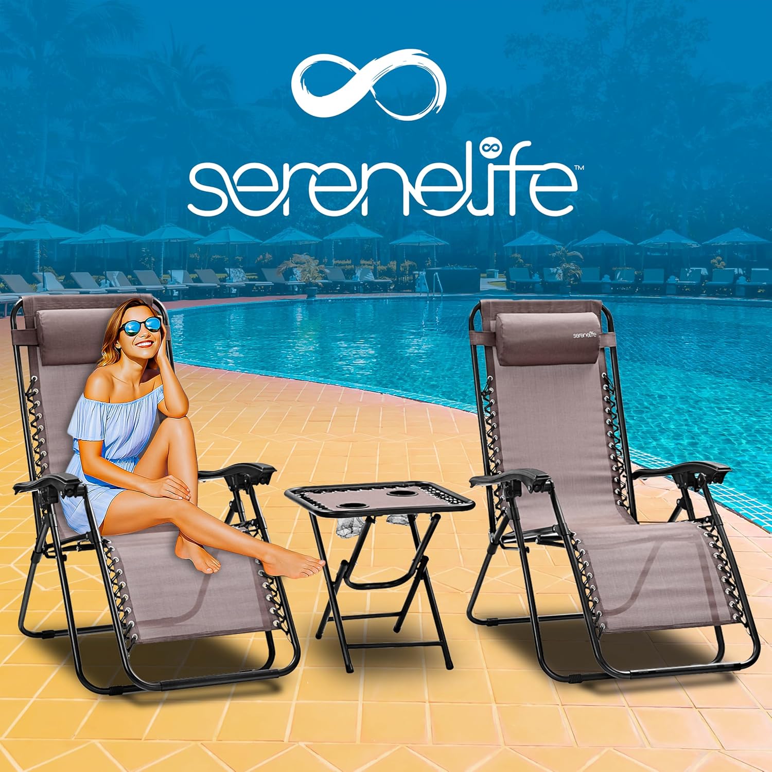 Thumbnail 1 de SereneLife Sun Loungers Set of 2: Zero Gravity Garden Chairs with Removable Headrests and Side Table