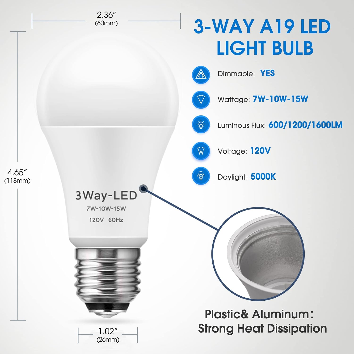 Detalle 2 de Briignite 3-Way A19 LED Bulbs, 5000K Daylight, E26 Base, 2-Pack