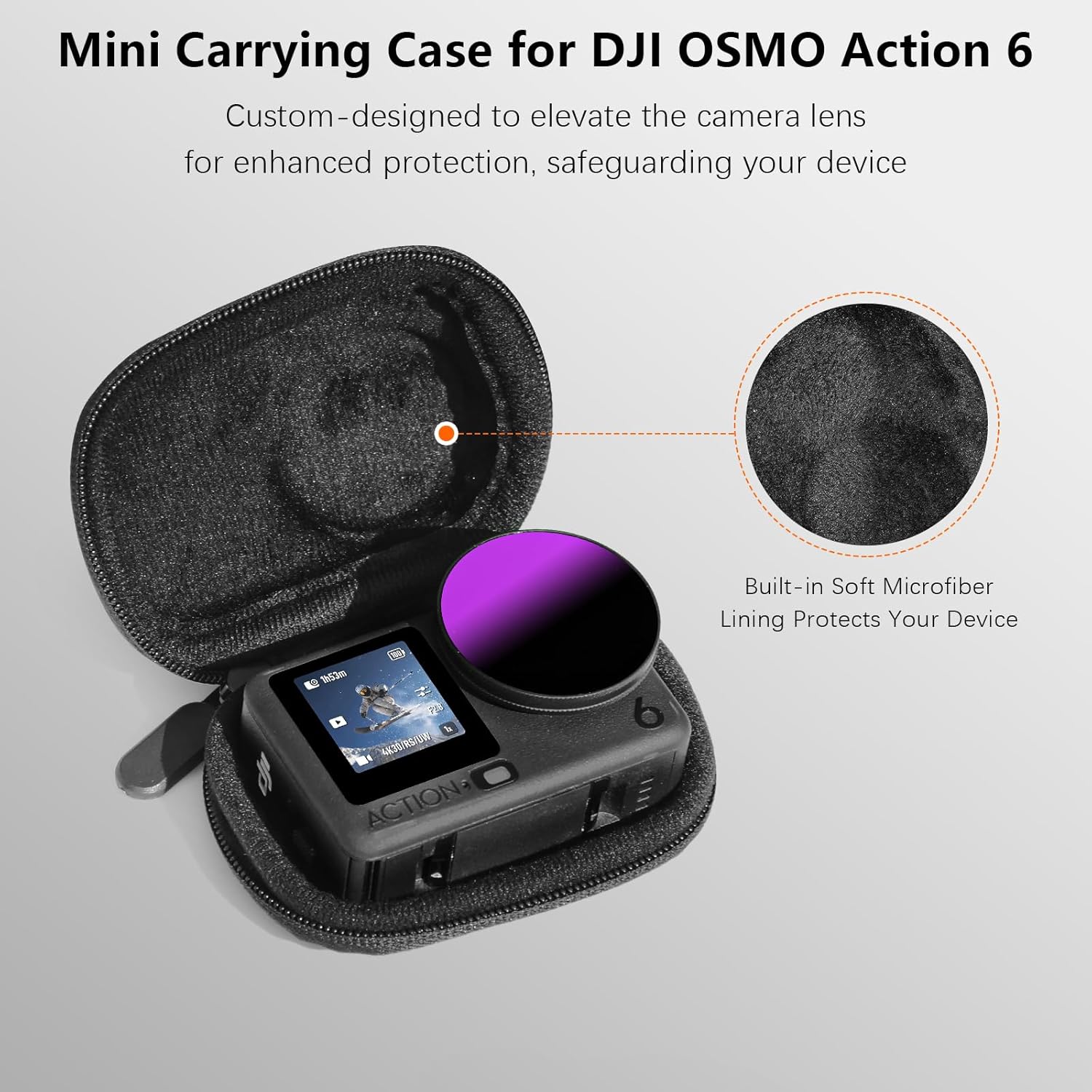 Detalle de AMAZEAR Tragetasche für DJI OSMO Action 6 – kompakte Hartleder-Mini-Tasche mit Innenfutter und 2 Silikon-Objektivkappen