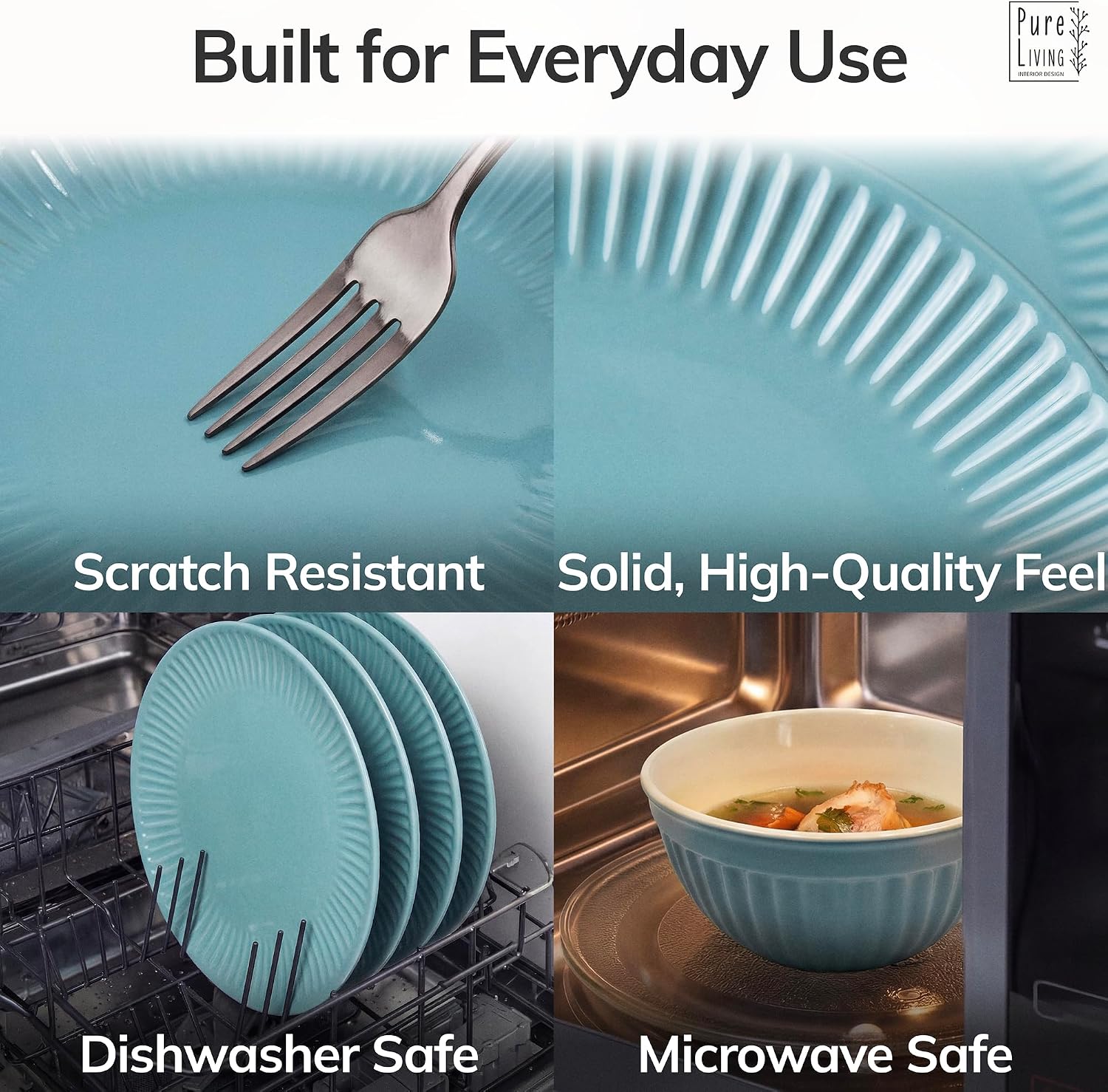 Detalle de Stoneware Dinnerware Set for 8 People HYGGE 24-Piece: Elegant Scandi Green Ribbed Tableware