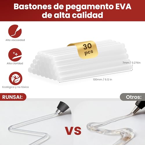 Detalle de RUNSAI Pistola de Silicona Caliente Antigoteo 30W con 30 Varillas de 7 mm — Precisión y Seguridad para Manualidades y Bricolaje