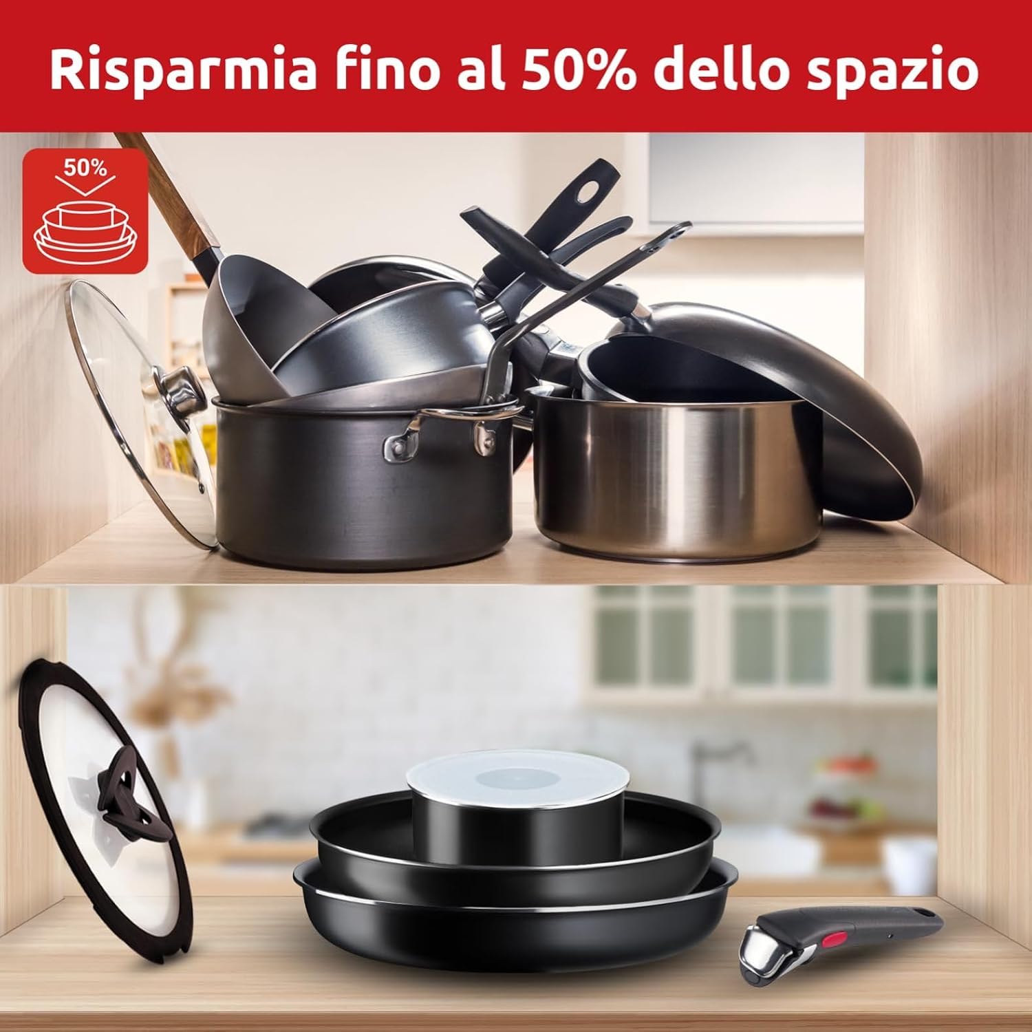 Detalle de Lagostina Ingenio Essential Plus: set pentole in alluminio con manico removibile, 17 pezzi
