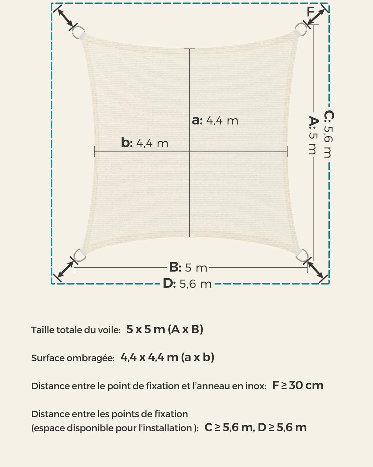 Detalle de Songmics Voile d’Ombrage 5 x 5 m en HDPE respirant et perméable à l’eau, beige