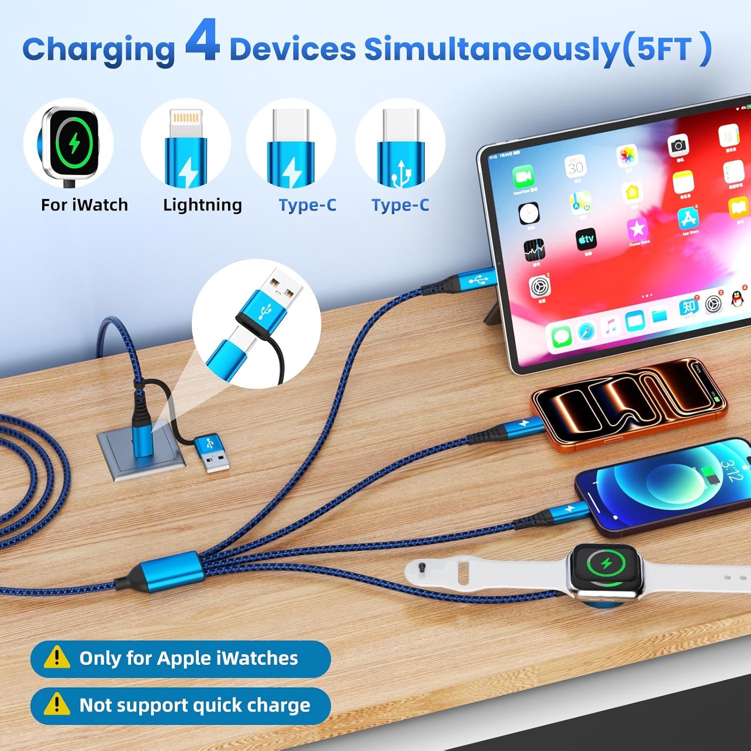 Thumbnail 1 de Multi Charging Cable for iPhone & Watch Charger (4-in-2 with Dual Type-C/IP + iWatch Ports), 5FT Travel Nylon Cord