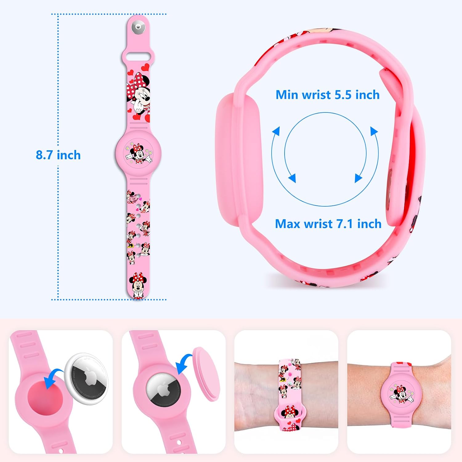 Thumbnail 6 de Waterproof Airtag Bracelet for Kids – Cute Cartoon Silicone Wristband for Apple AirTag (Pink)