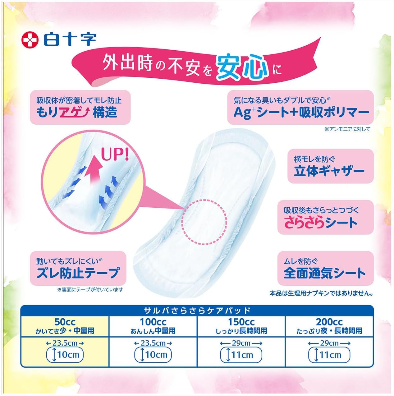 Thumbnail 1 de 白十字 サルバ さらさらケアパッド 50cc 軽失禁用 30枚 無香料・羽なし
