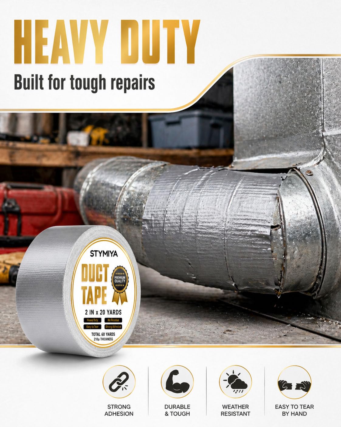 Detalle 2 de Silver Duct Tape Heavy Duty: 3 Rolls 2in x 20yd Outdoor Waterproof Repair Tape