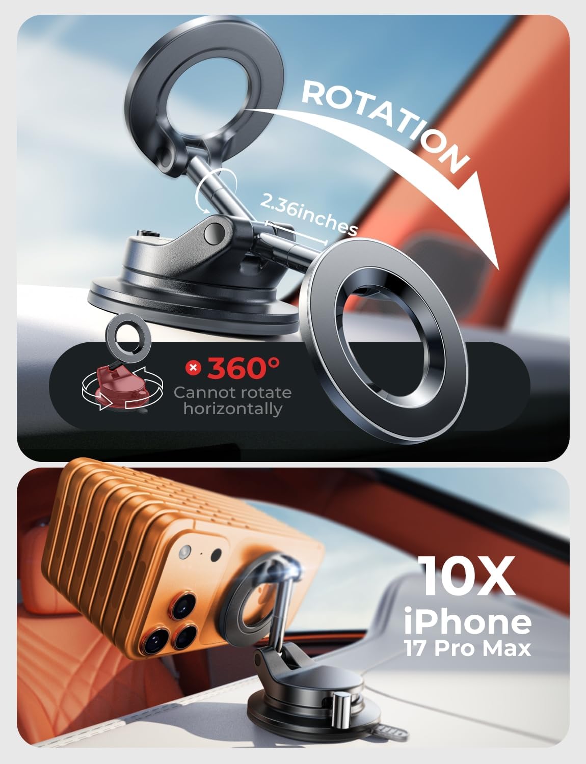 Detalle 1 de LISEN Magsafe Car Phone Mount (2-Pack) with Reinforced Suction & Snap Lock