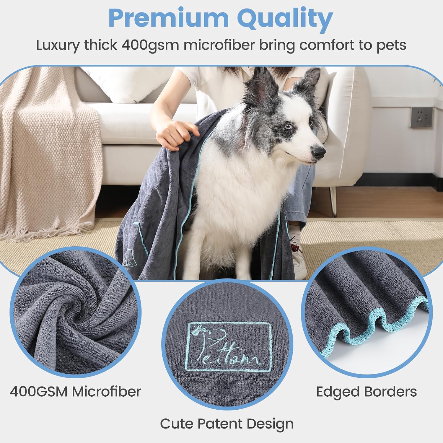 Detalle de PETTOM 2er-Set Hundehandtücher – Extra saugstark, 130 × 75 cm, Mikrofaser, schnelltrocknend